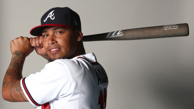 Feb 24, 2023; Tampa, FL, USA; Atlanta Braves second baseman Orlando Arcia (11) poses for a photo at CoolToday Park. Mandatory Credit: Kim Klement-USA TODAY Sports
